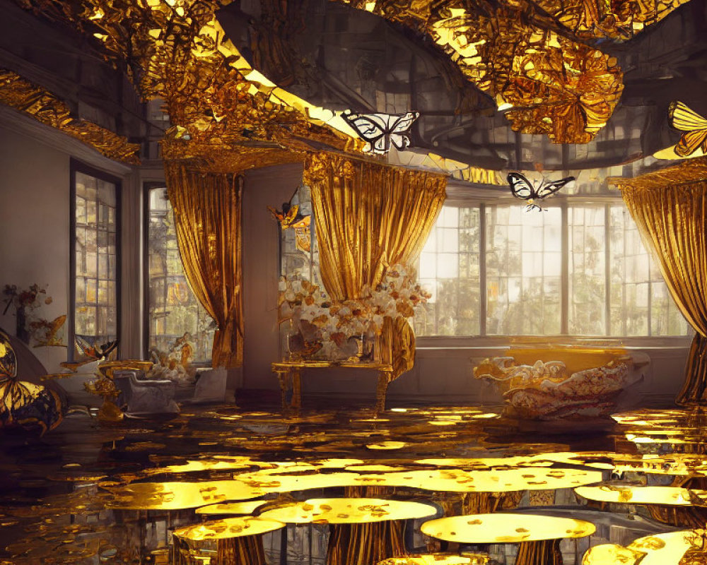 Luxurious Room with Butterfly Motifs and Golden Light