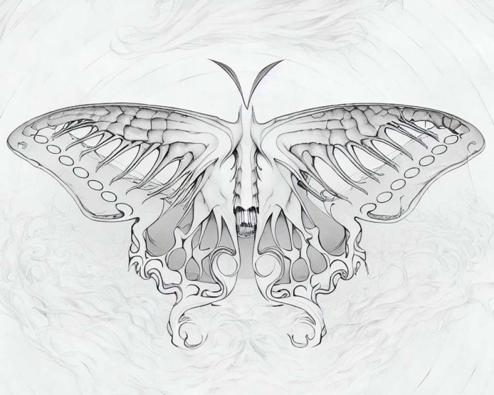 Symmetrical grayscale butterfly with intricate patterns on delicate swirl background