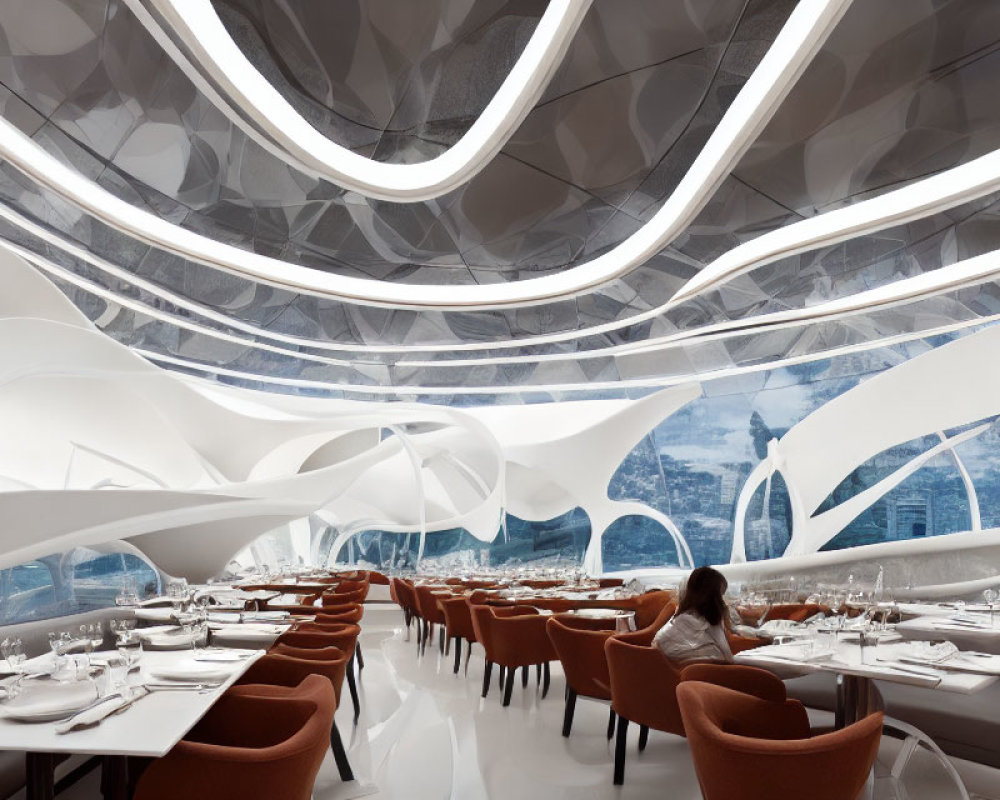 Modern white-themed restaurant with curved lines, cityscape view, and elegant decor.