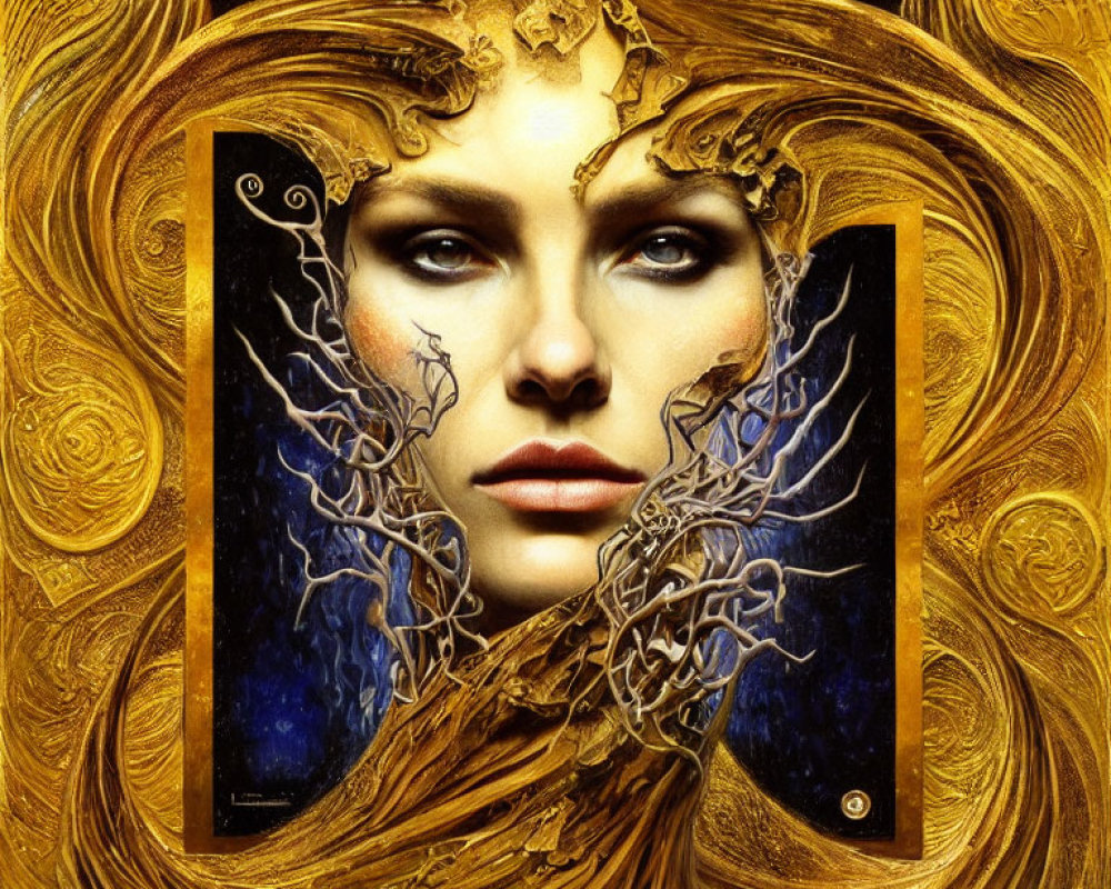 Surreal Artwork: Woman's Face with Golden Swirls on Starry Background