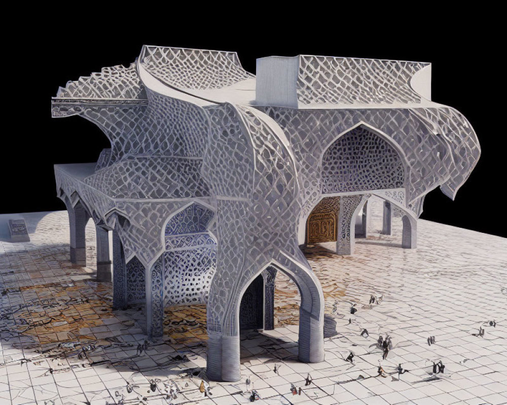 Intricate 3D Rendered Building Resembling Grand Piano with Islamic-Style Patterns