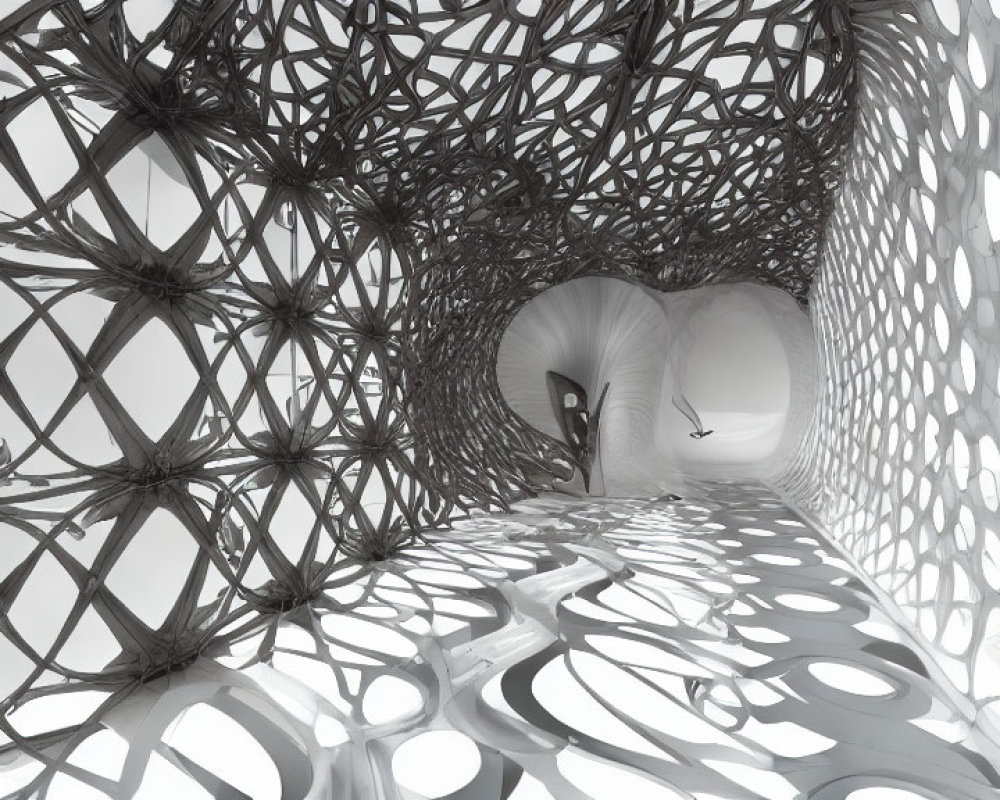 Abstract White Interior with Honeycomb Design and Webbed Patterns