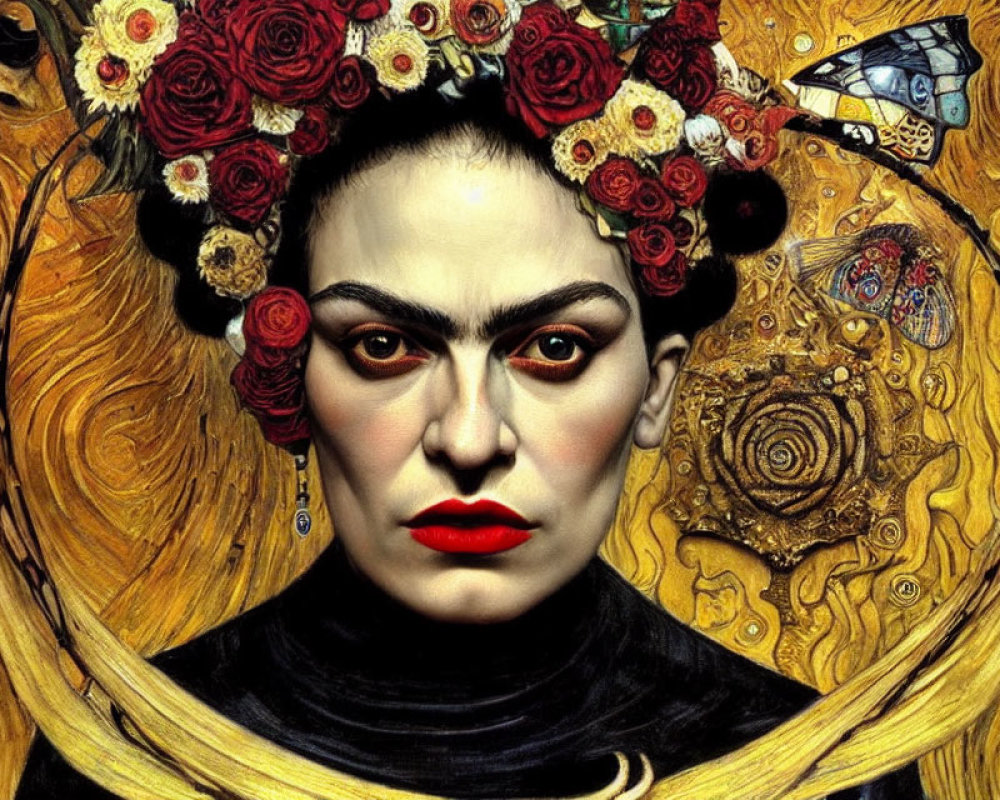 Woman with Floral Headpiece and Intense Gaze in Gold-Patterned Setting