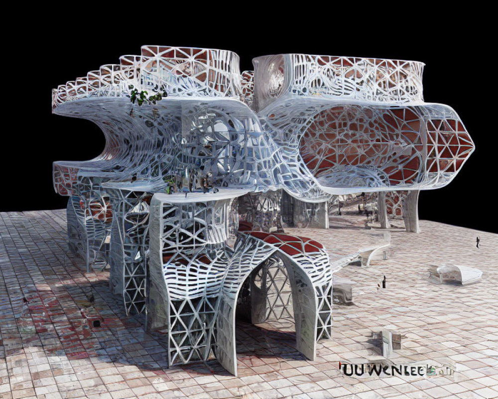 Futuristic lattice structure with arches and plant overgrowth in tiled courtyard