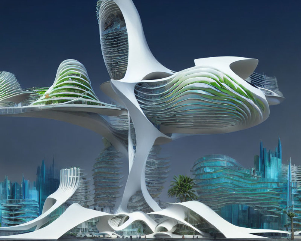 Futuristic cityscape with organic white architecture and green high-rise buildings