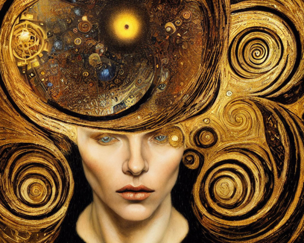 Surreal portrait with stoic expression and golden swirls.