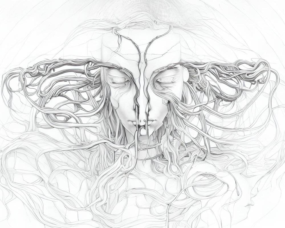 Intricate Monochrome Digital Artwork: Mirror-Image Faces with Flowing Hair