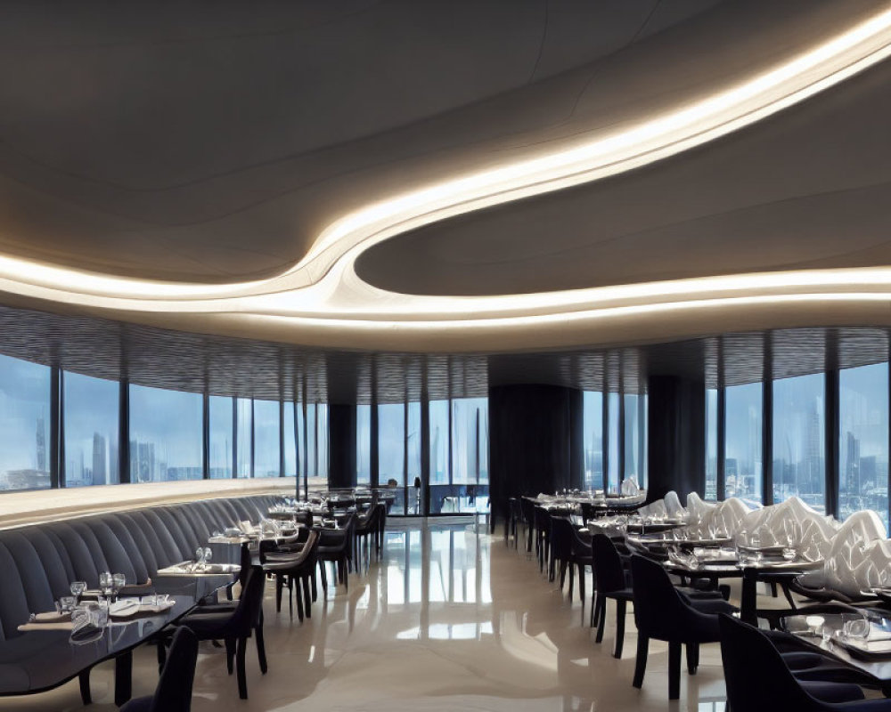 Sleek modern restaurant with panoramic city views and elegant decor