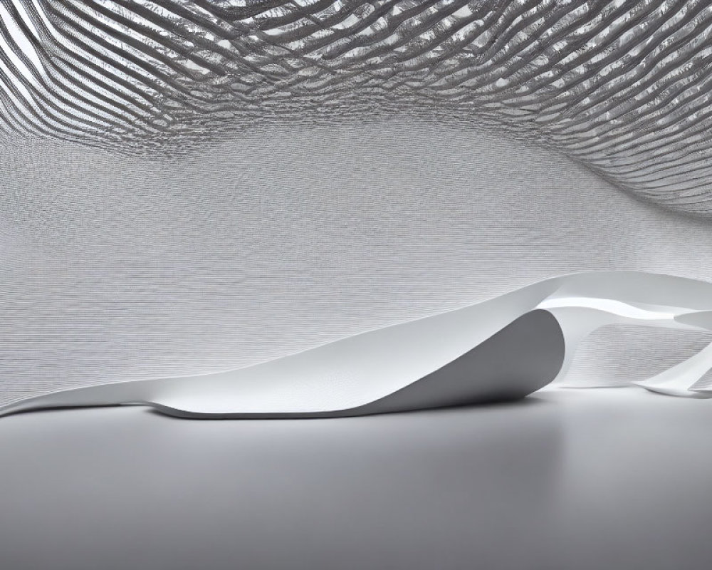 Textured Wave-Like Ceiling Pattern and Sculptural White Bench in Modern Interior