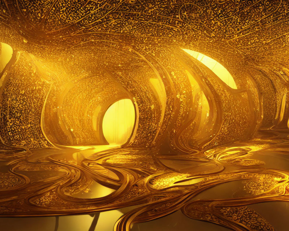 Intricate golden chamber with reflective surfaces