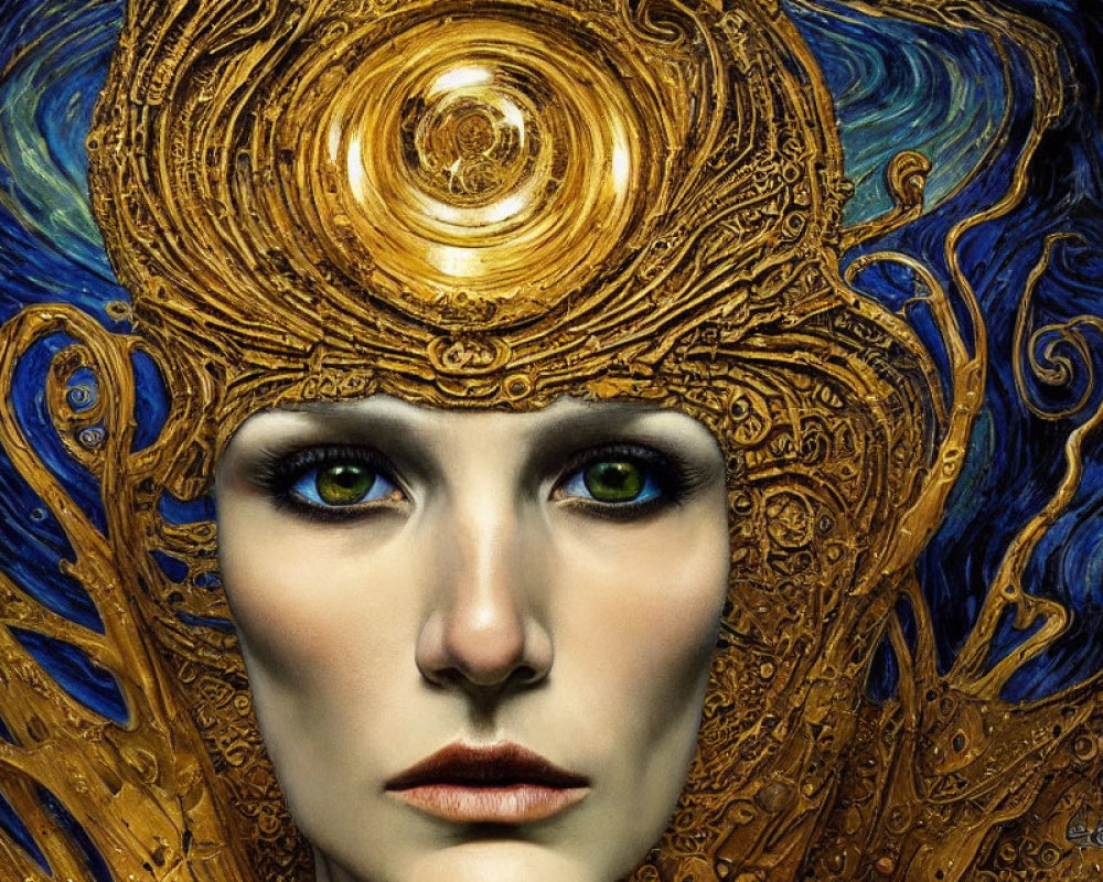 Detailed digital artwork of woman with luminous green eyes and ornate headdress in Van Gogh style