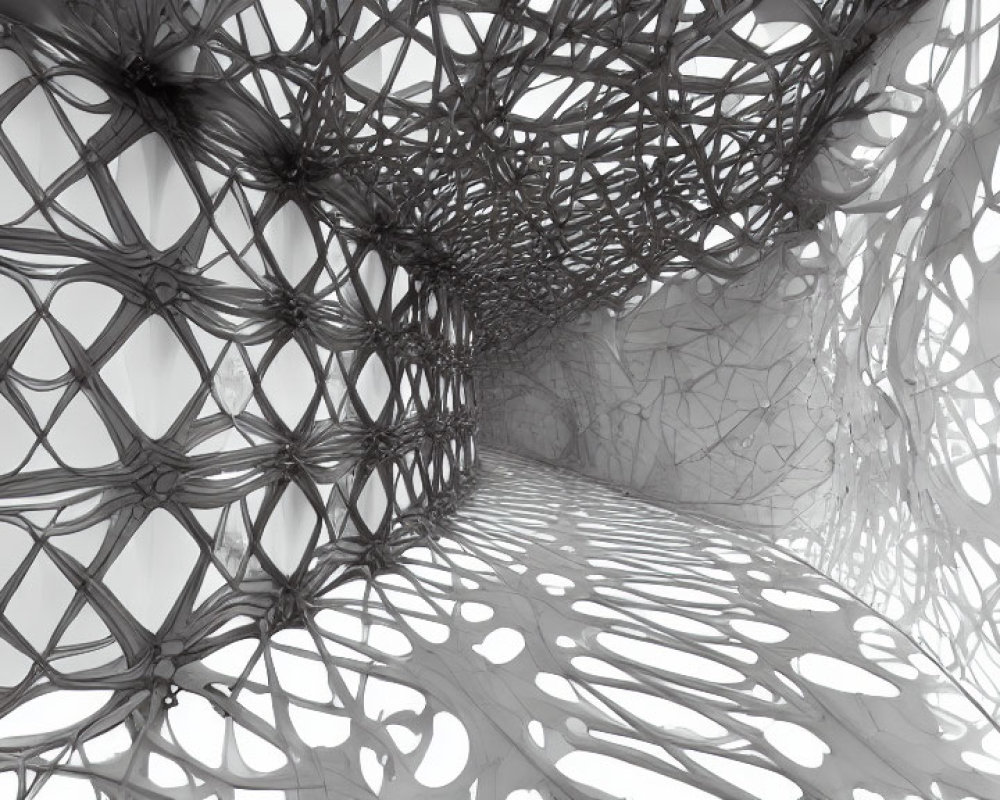 Abstract futuristic corridor with lattice walls in monochrome.