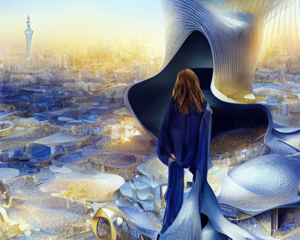 Figure in Blue Cloak on Futuristic Platform Overlooking Luminous City at Twilight