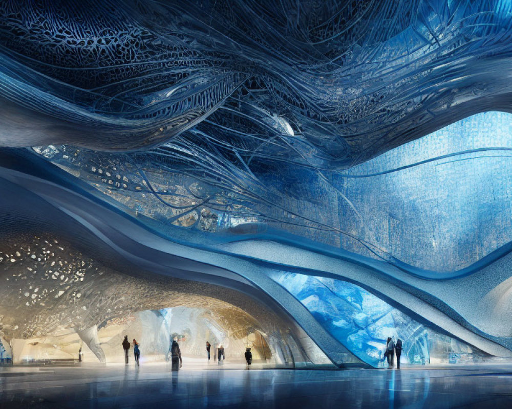 Futuristic interior with organic architecture and blue color scheme