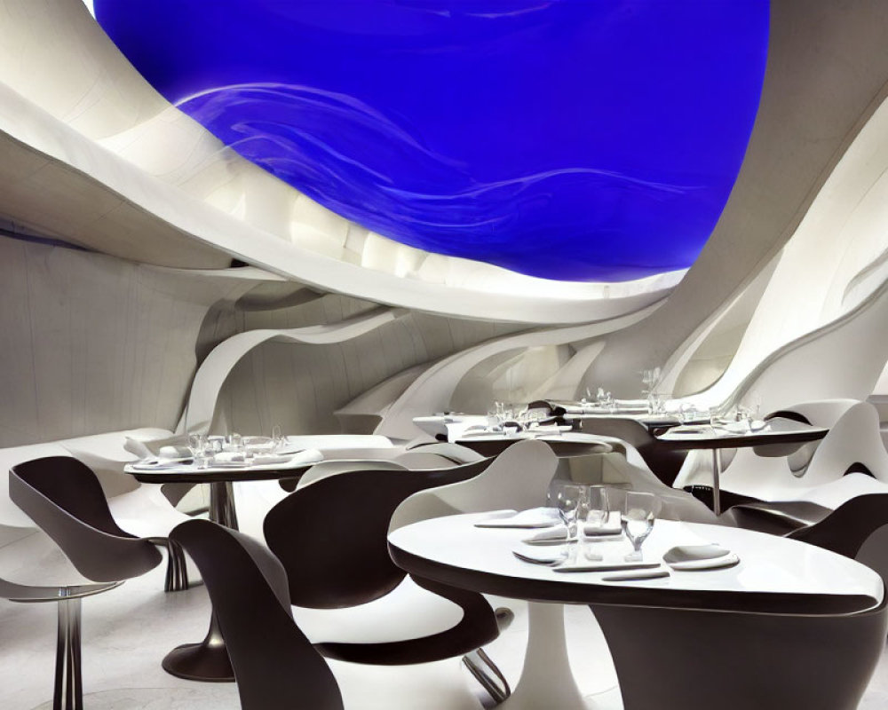 Futuristic Restaurant Interior with White Walls, Blue Accents, & Dark Furniture