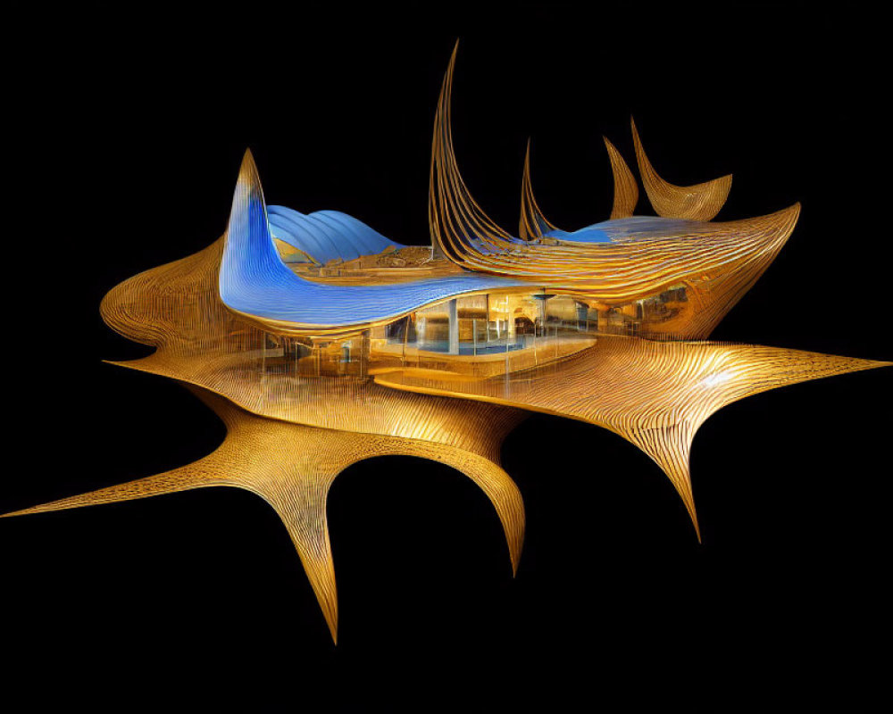 Abstract architectural structure: Golden curves and spires on black background