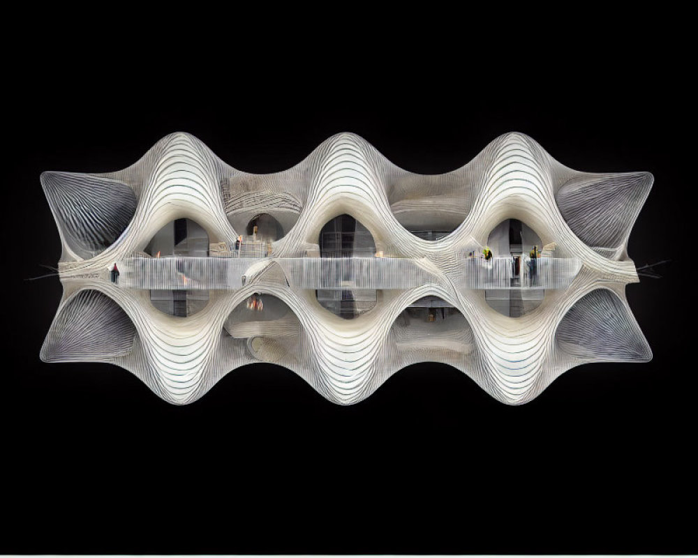 Symmetrical abstract architectural structure with arches and people on central pathway against black background