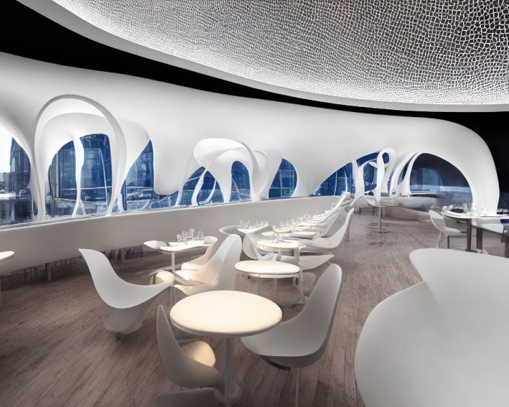 Modern restaurant interior with white furnishings and city view windows