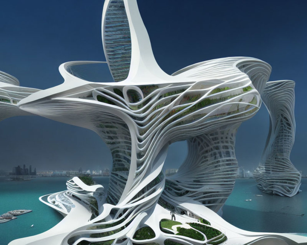 Organic-shaped futuristic architecture with green spaces overlooking coastal city skyline