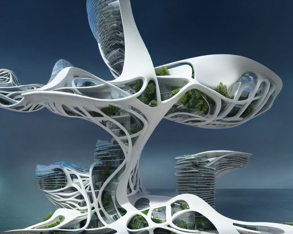 Organic futuristic architecture with intertwining greenery by water and skyscrapers