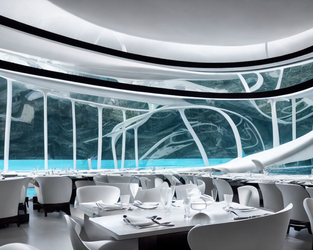 Futuristic white decor with curving elements and water views