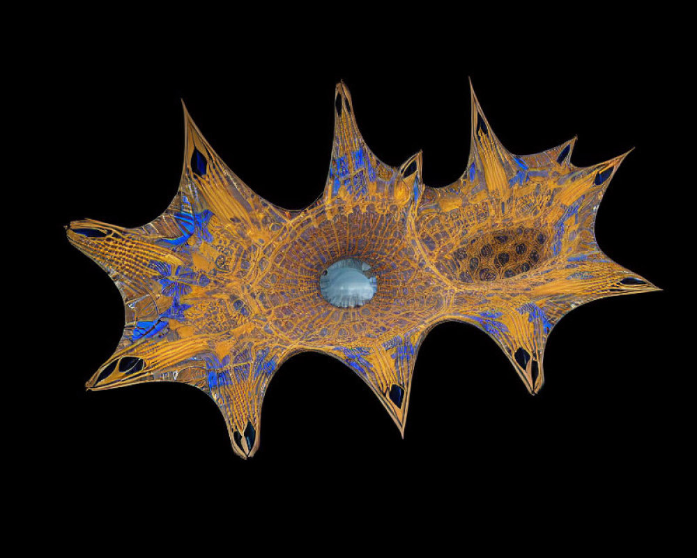 Abstract 3D rendering of star-shaped structure with web-like patterns in orange and blue