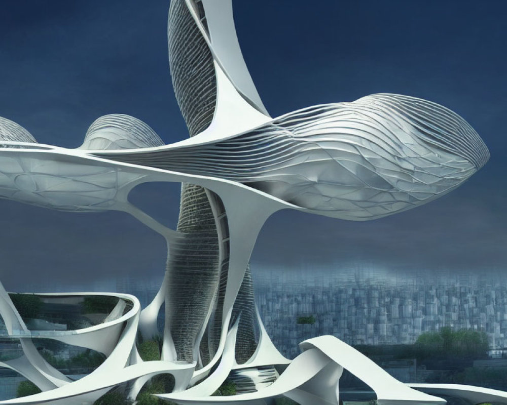 Futuristic white architecture with organic shapes and city skyline.