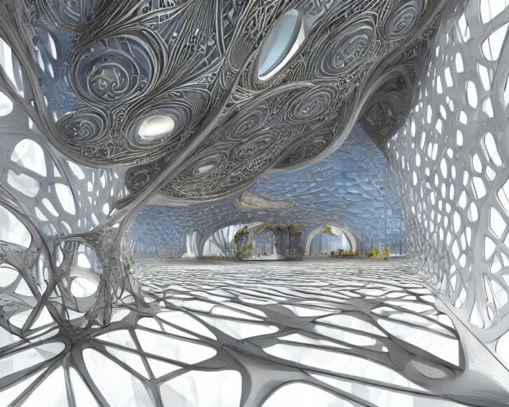 Futuristic interior with organic white structures and people under blue skylight