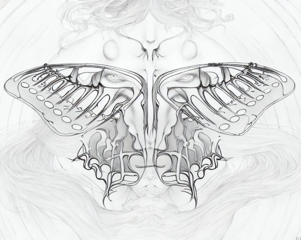 Symmetrical black and white image: Human face merges with butterfly wings