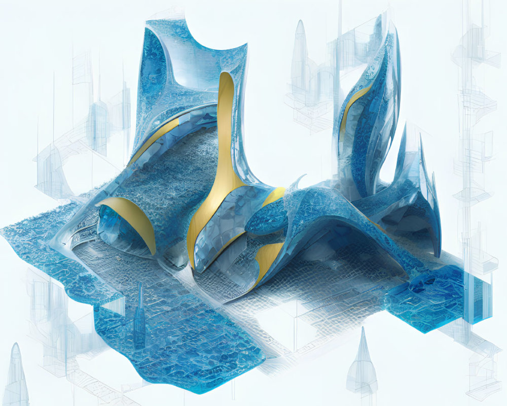 Futuristic abstract architecture with blue and yellow shapes on white background