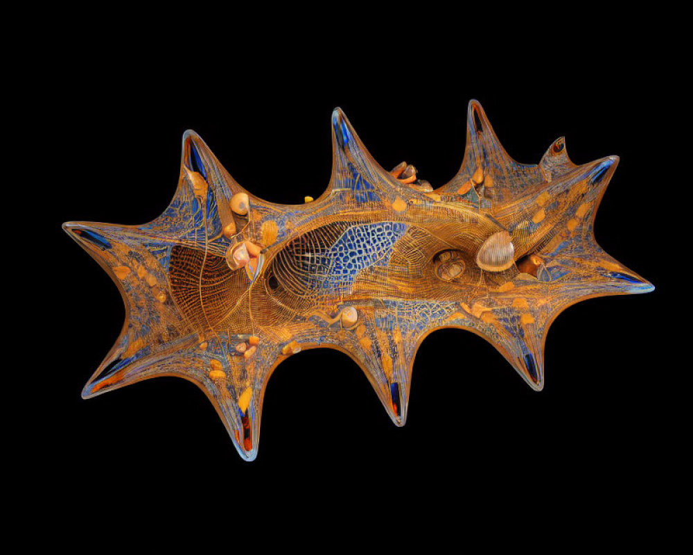 Detailed 3D fractal art: star-like shape, intricate mesh patterns, warm orange tones.