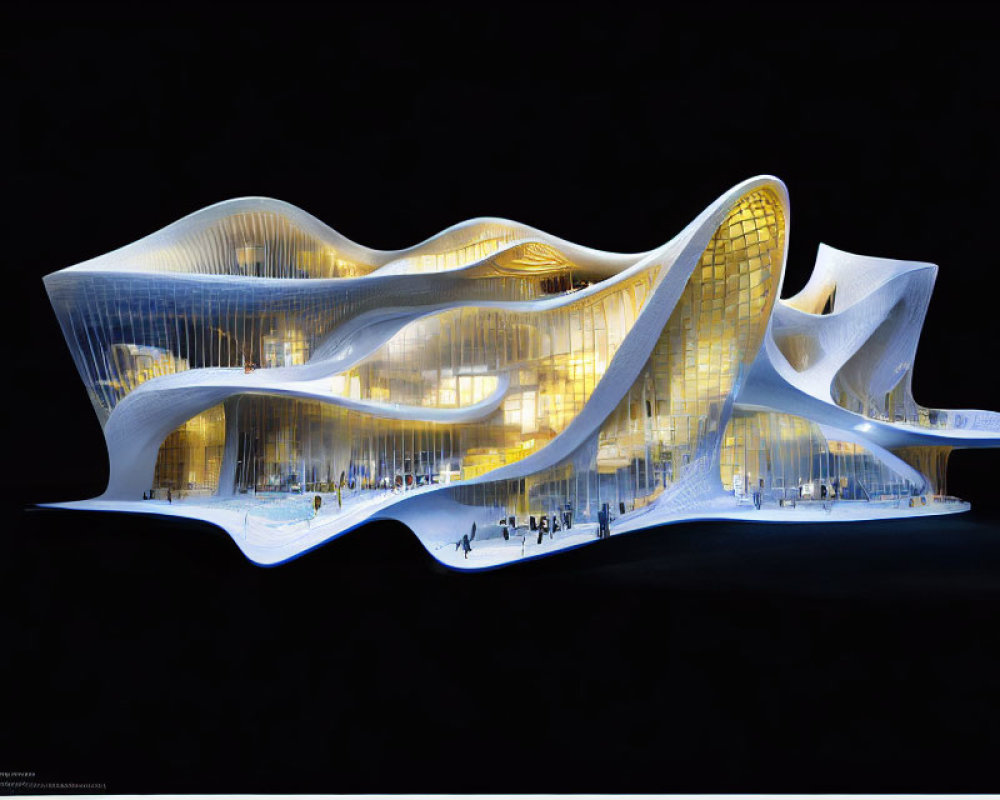 Futuristic Nighttime Building with Undulating Architecture and Glass Panels