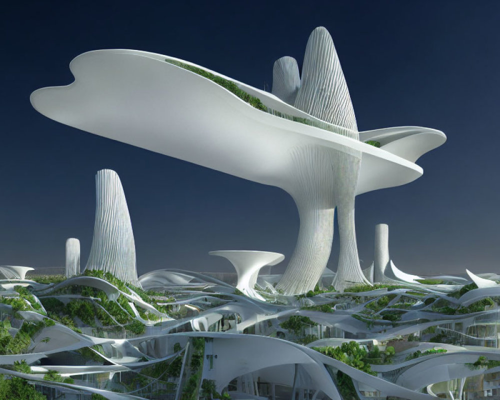 Organic architecture in futuristic cityscape with green roof gardens