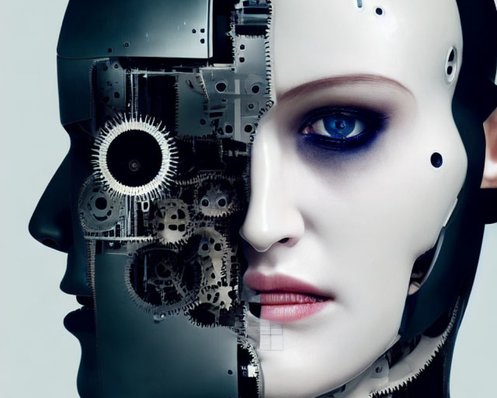 Half-faced humanoid robot with intricate mechanical parts on light background