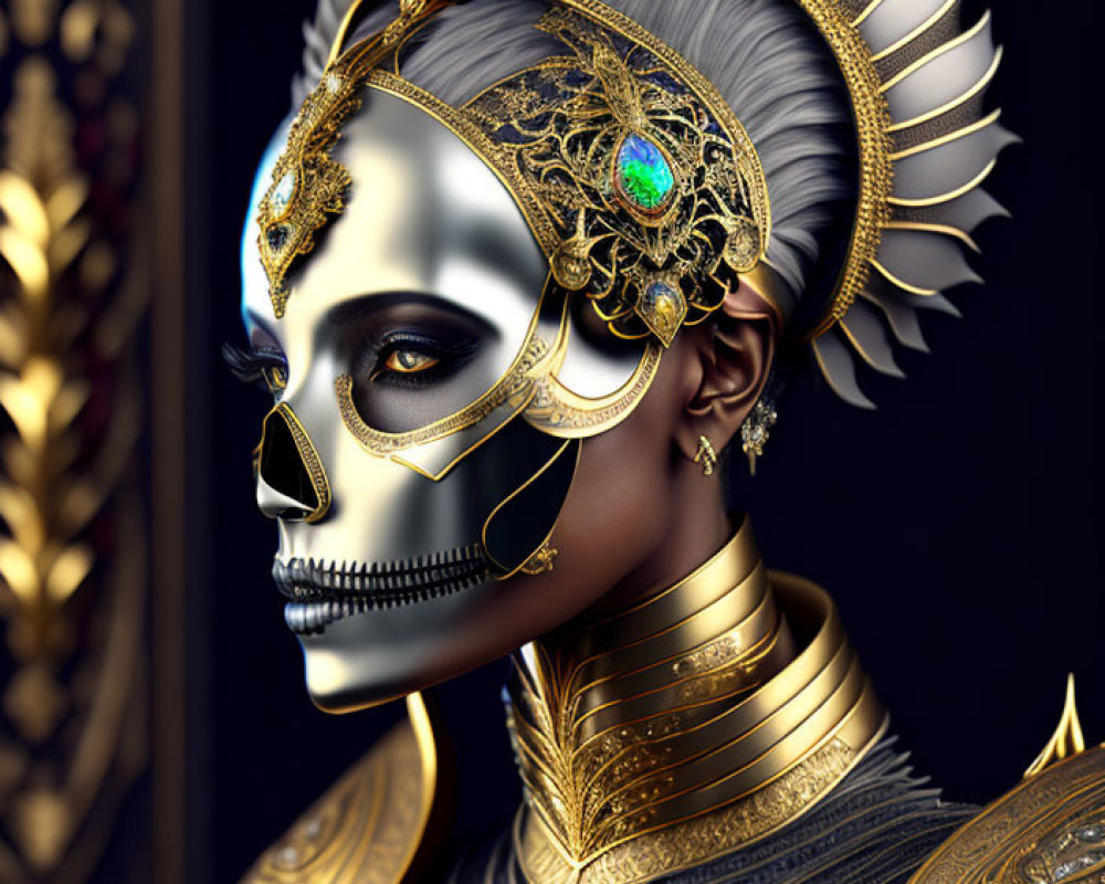 Skeleton figure in gold armor with green gem headdress - digital artwork