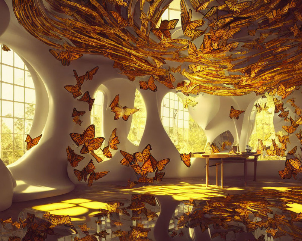 Room with Golden Butterflies, Tree, Windows, and Typewriter