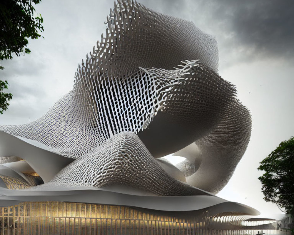 Dynamic Perforated Facade Over Glass Building Under Cloudy Sky