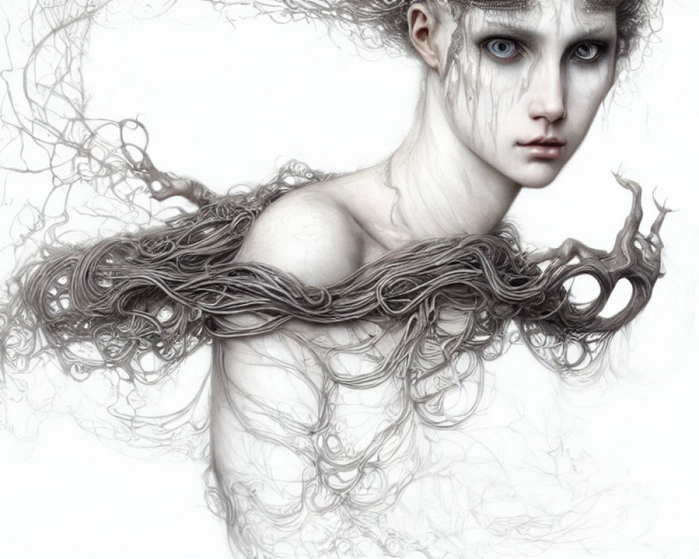 Monochromatic portrait of person with pale skin and intricate hair patterns