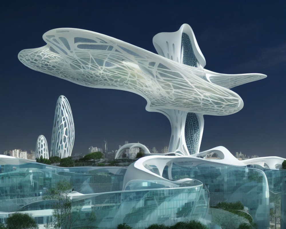 Organic futuristic architecture network under blue sky