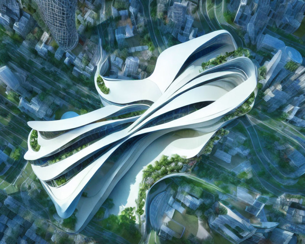 Futuristic building with organic lines amidst greenery & skyscrapers