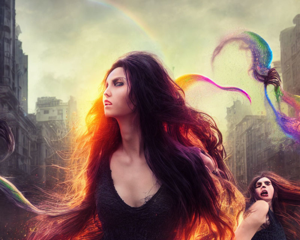 Red-Haired Woman in Surreal Cityscape with Rainbow and Bubbles