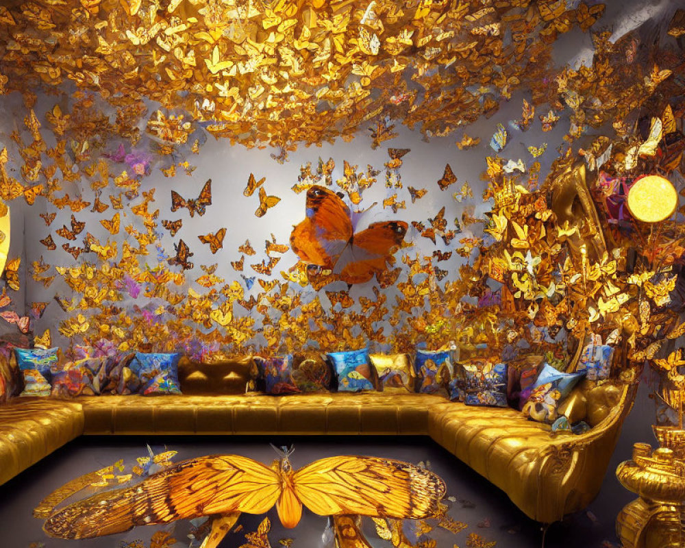 Golden butterfly-themed room with orange hues and vibrant decor.