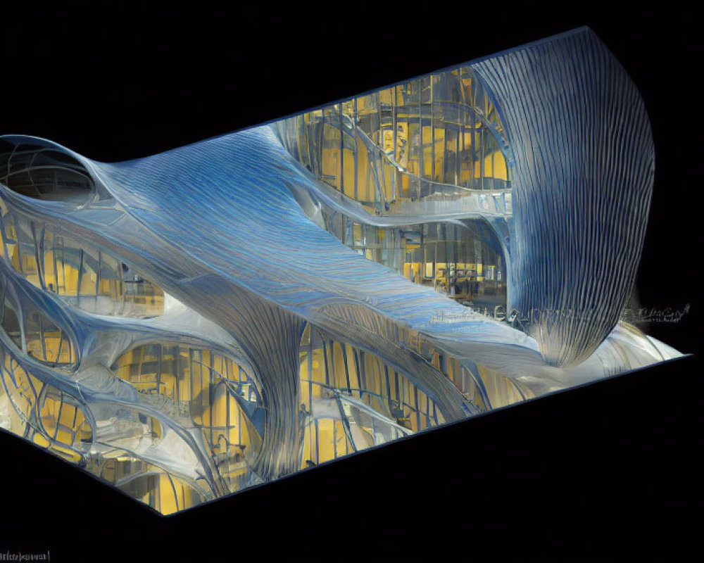 Futuristic architectural model with curvilinear structures on black background