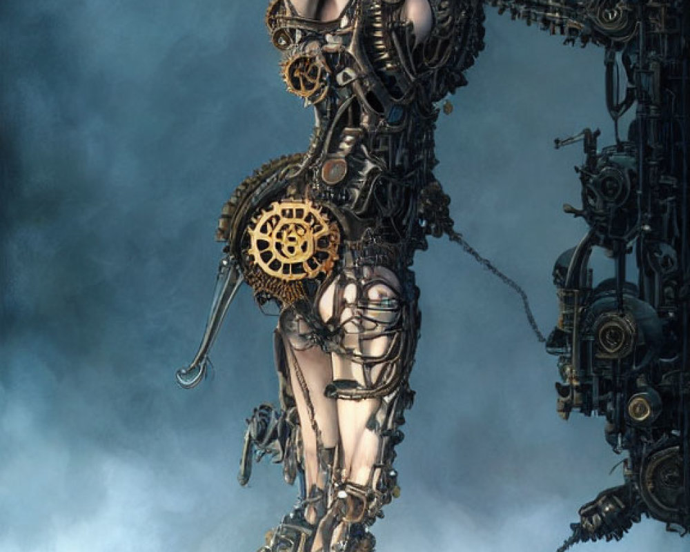 Mechanical humanoid figure in misty background merging organic and industrial elements