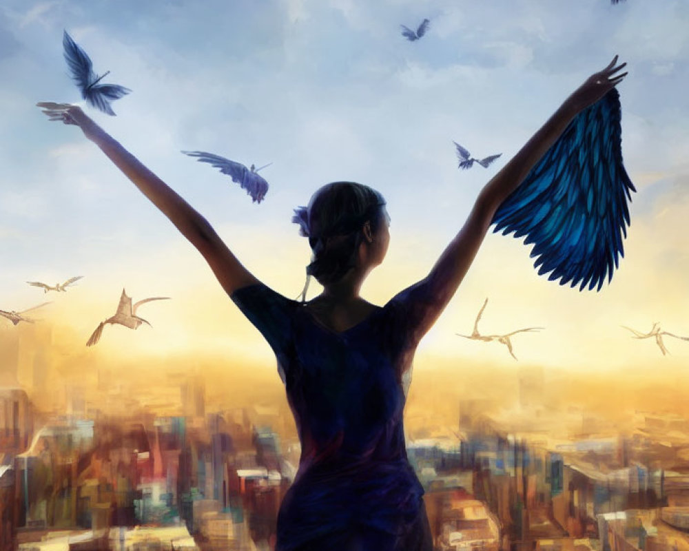 Person with wings standing in cityscape with birds at sunset