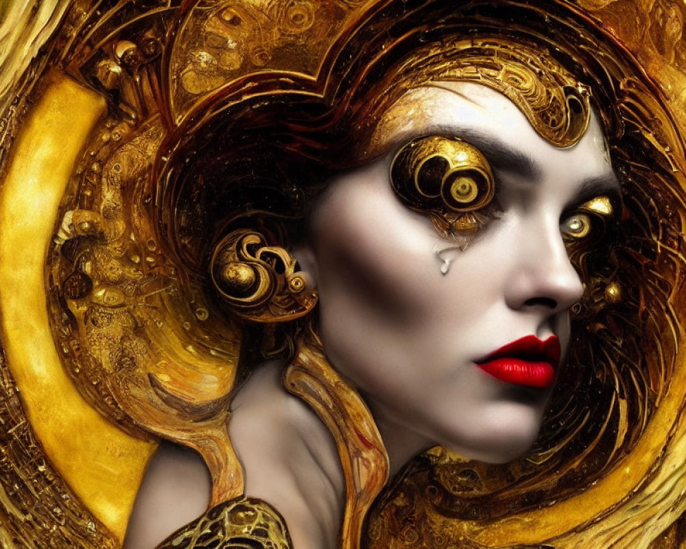 Surreal portrait of woman with gold and black mechanical elements