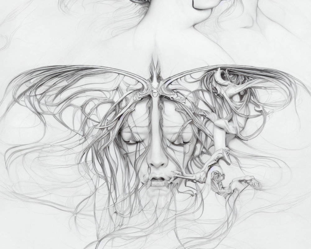 Symmetrical grayscale artwork of faces with flowing tree-like hair