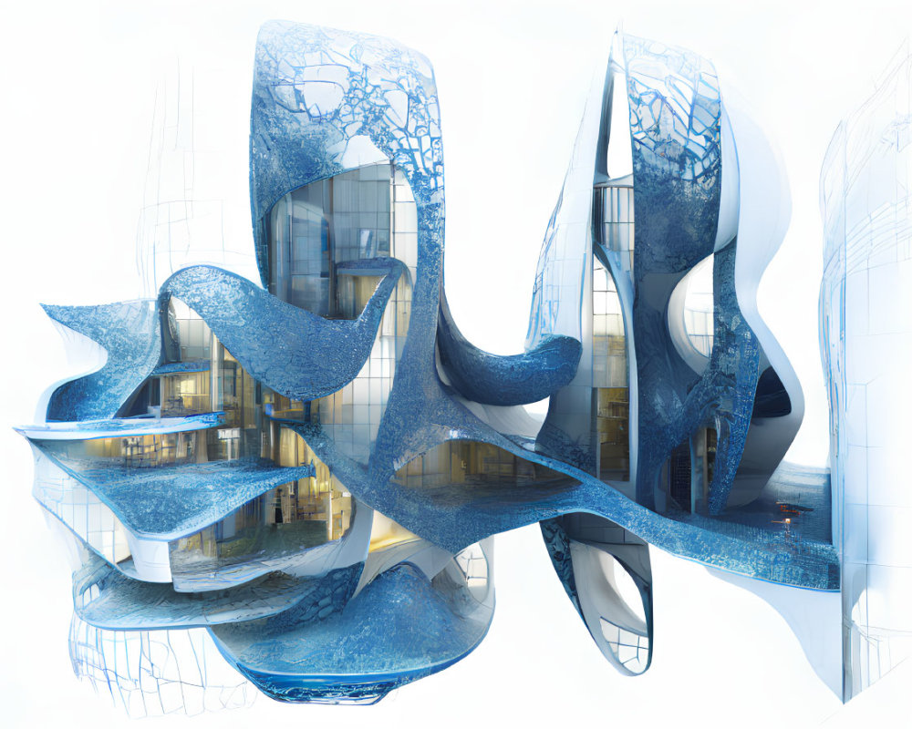 Futuristic blue building with organic shapes and architectural sketches