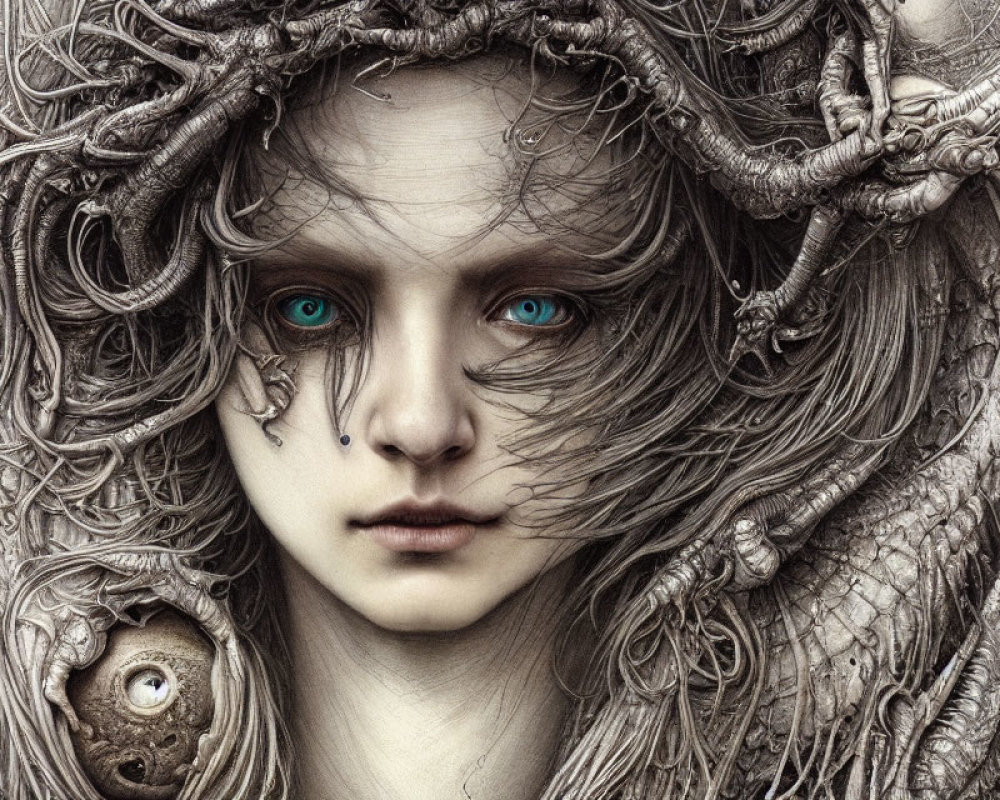 Fantasy portrait featuring person with blue eyes, entwined in serpentine branches.