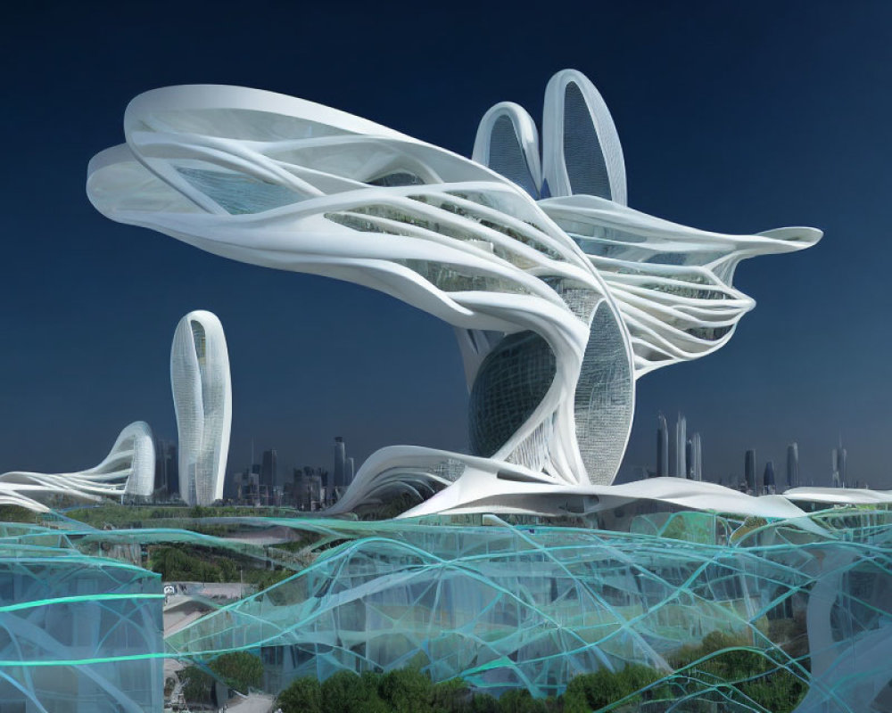 Organic-shaped futuristic cityscape against clear blue sky